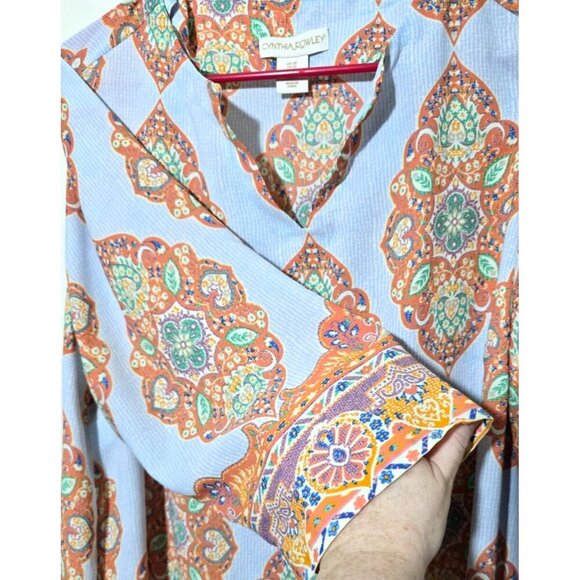 Cynthia Rowley Tunic Blouse 1X Paisley Boho V-neck Stretch Comfort Pullover Blue - Picture 11 of 12
